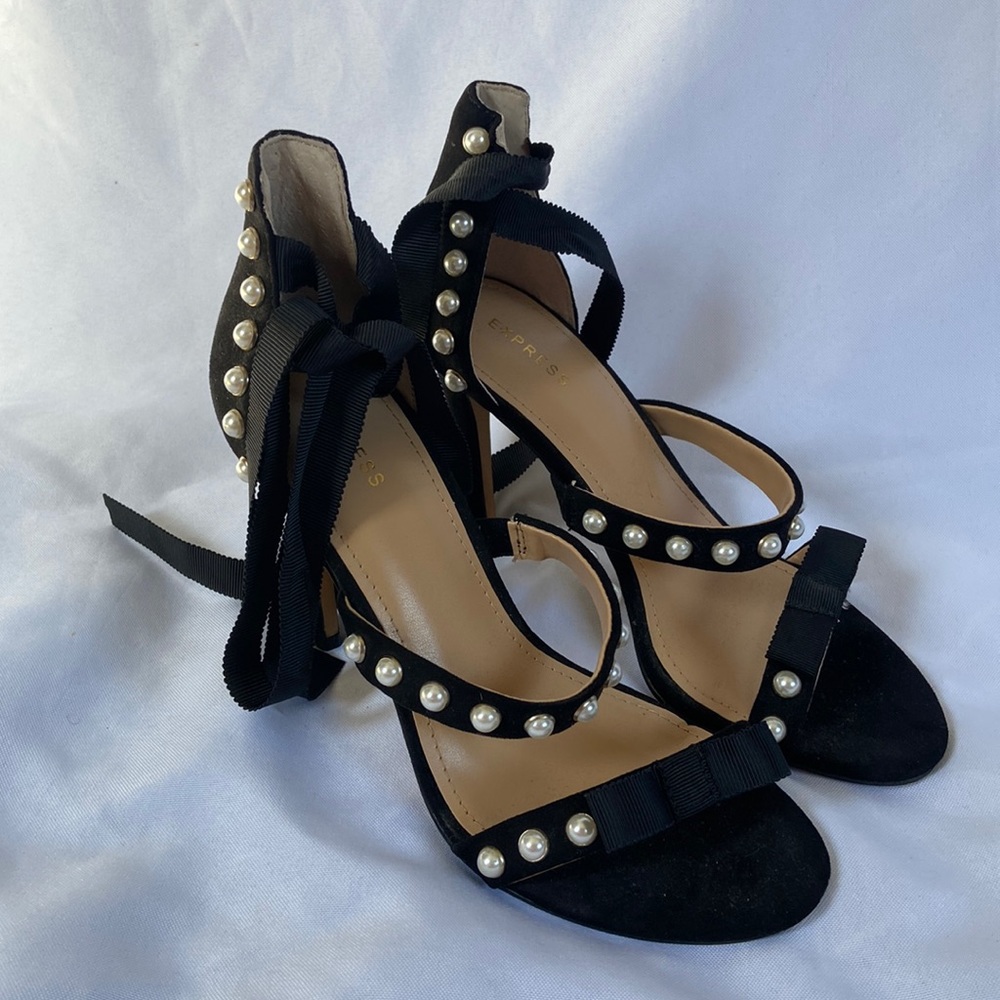 Express size 7 black suede ankle ribbon tie heels with pearl accents